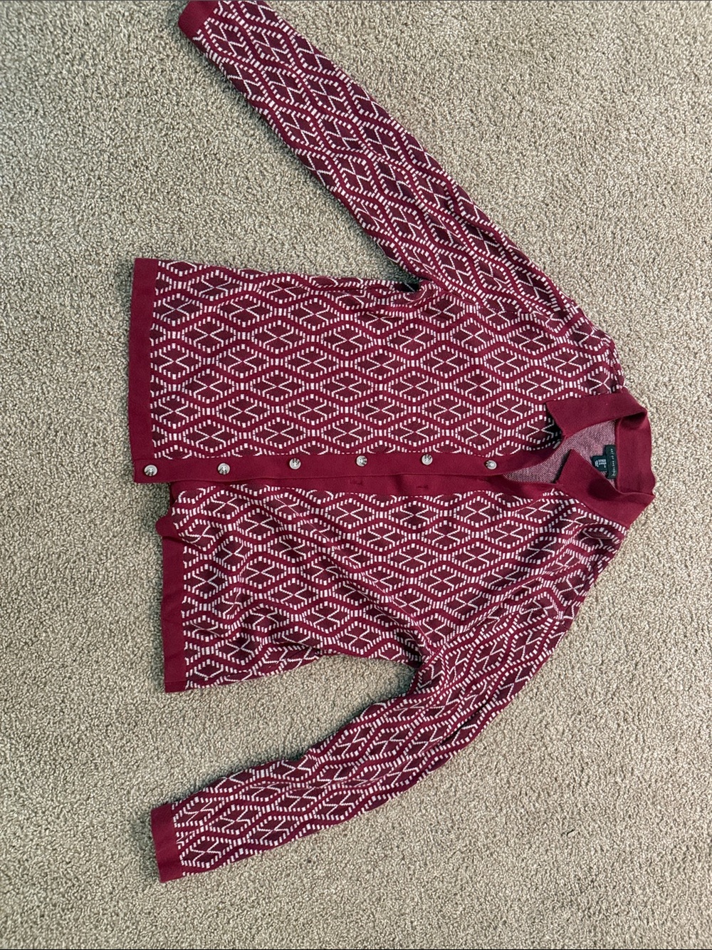 Men's Burgundy Patterned Button-Front Cardigan Sweater